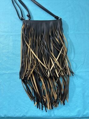 Deb & Dave Fringe Faux Leather Crossbody Bag - Black and Tan